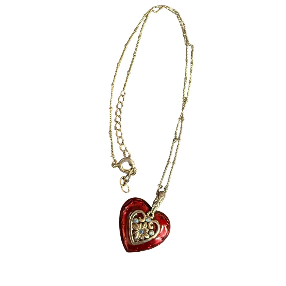 Red Enamel Heart Necklace Gold Tone AB Rhinestone Flower Cottagecore Romantic